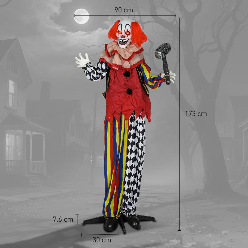 173 cm Life Size Scary Animated Clown with Hammer, Red Light Up Eyes, Sound Activated Arms & Head - Halloween Decoration