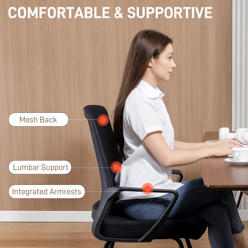 Ergonomic Desk Chair No Wheels - Mesh Back Office Chair with Lumbar Support & Metal Base for Waiting & Conference Rooms - Black