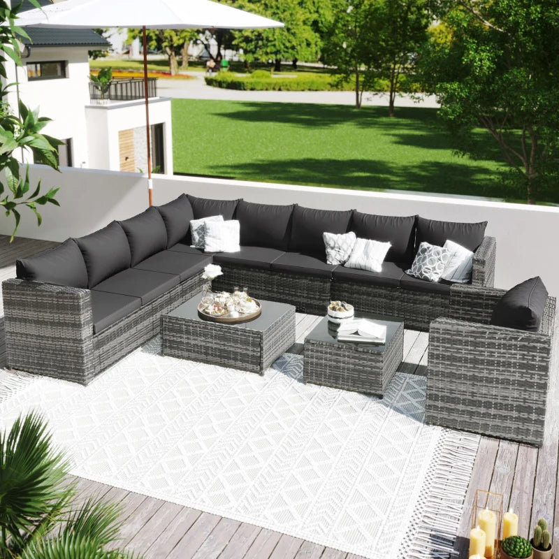 Grey 9-Seater Rattan Garden Corner Sofa Set with Coffee Table and Cushions