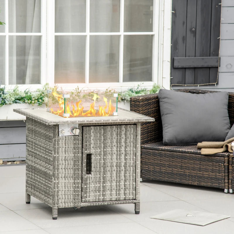 Grey Rattan Gas Fire Pit Table with Glass Windscreen and Rain Cover