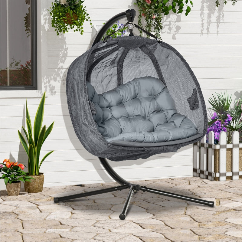 Grey Double Seater Hanging Egg Swing Chair with Stand and Cushion