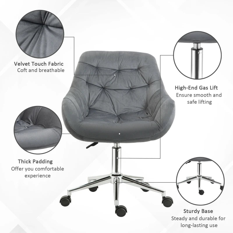 Vinsetto Ergonomic Velvet Home Office Chair - Adjustable Height, Arm & Back Support, Comfy Dark Grey Desk Chair