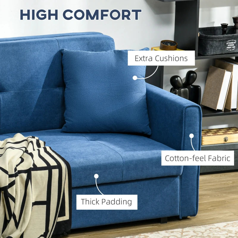 Modern 2 Seater Sofa Bed with Hidden Storage, Convertible Loveseat Couch in Deep Blue for Living Room