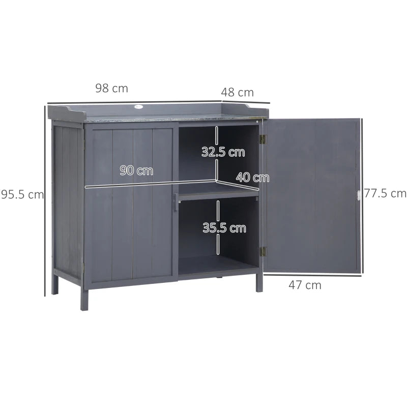 Grey Outdoor Garden Storage Cabinet with Galvanized Top and Shelves