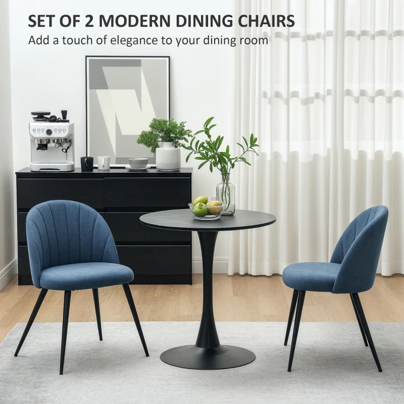 Modern Blue Dining Chairs Set of 2 - Upholstered Kitchen Chairs with Metal Legs, Shell Backrest & Padded Seat for Home