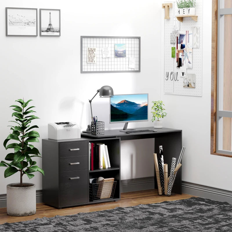 L Shaped Computer Desk with Drawers & File Cabinet - Reversible Home Office Study Table, 117x83.5cm, Black