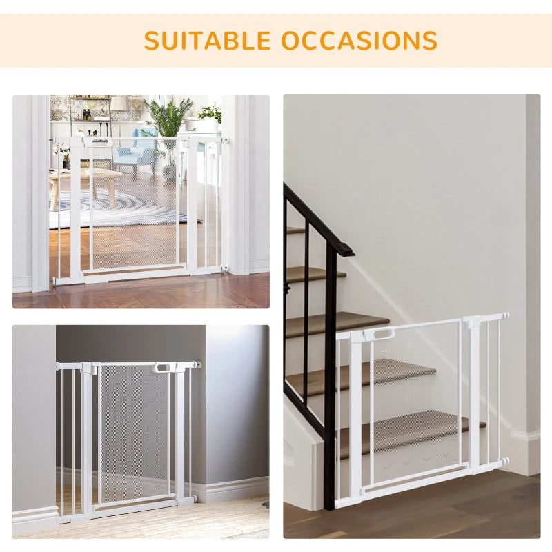 Pet Safety Gate for Doorways & Staircases - Adjustable 75-103cm with Extensions Kit - White Color, Ideal for Hallways