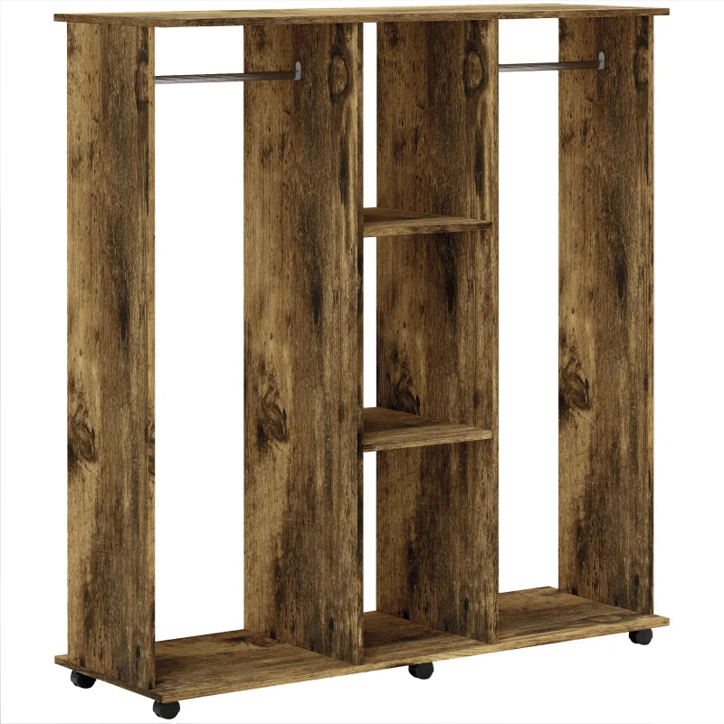 Rustic Brown Double Mobile Open Wardrobe with 6 Wheels and Storage Shelves Organizer