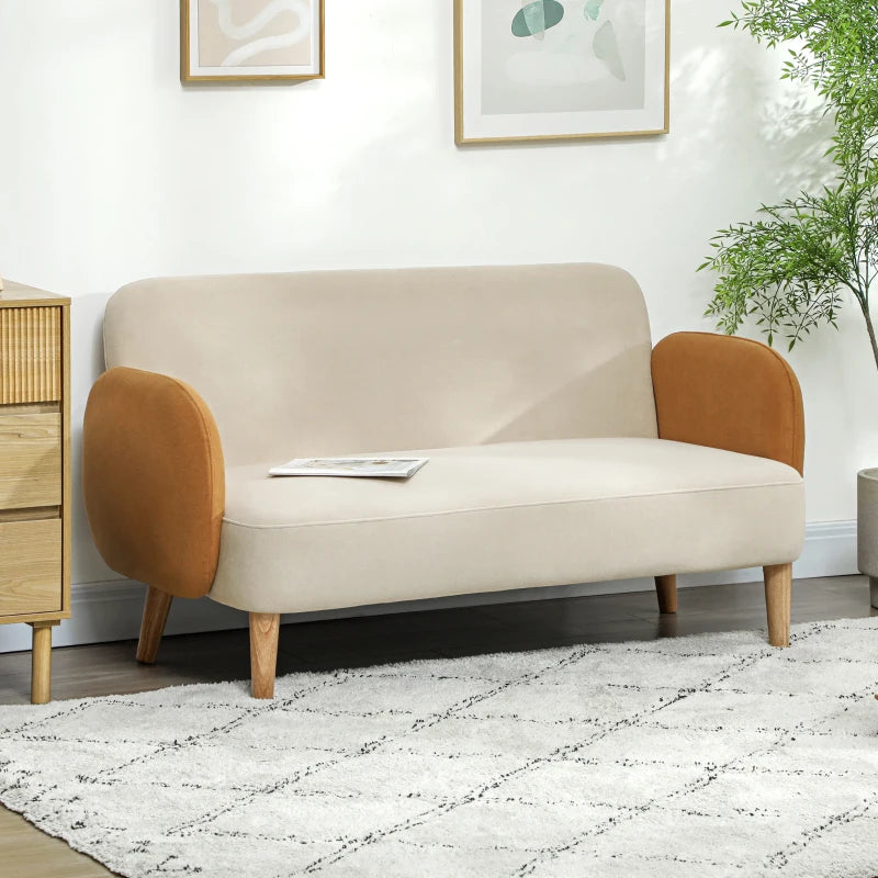 Mid Century Velvet-Feel Two-Seater Sofa in Cream and Orange for Stylish Living Rooms