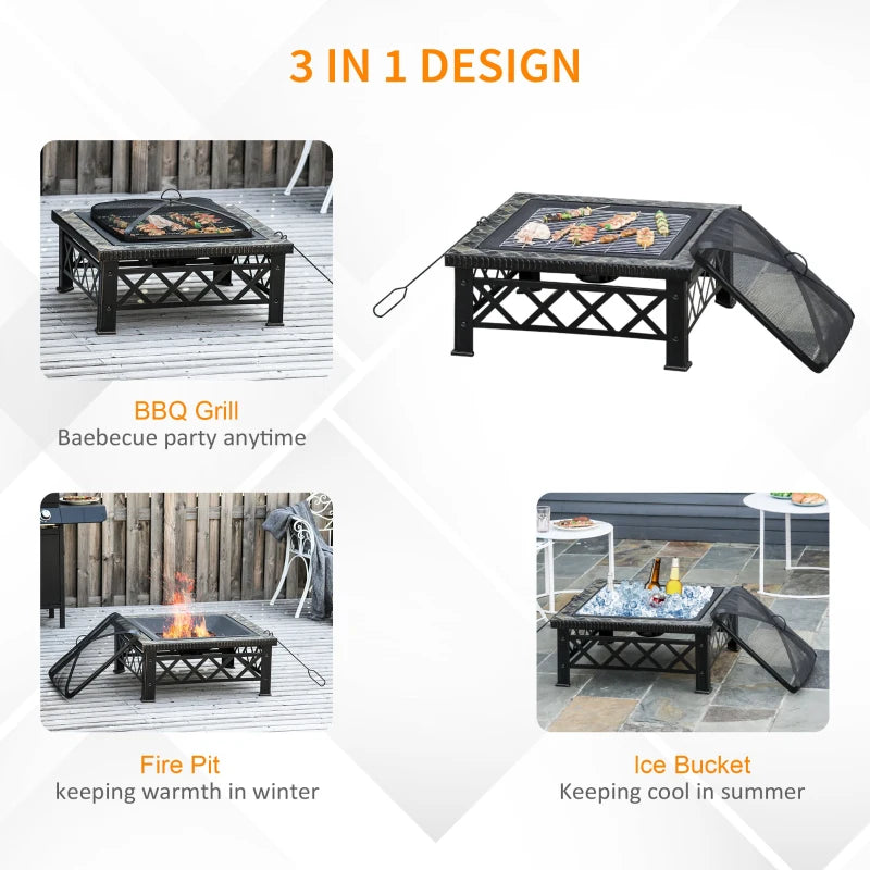 Black 3-in-1 Outdoor Fire Pit Table with BBQ Grill and Ice Bucket