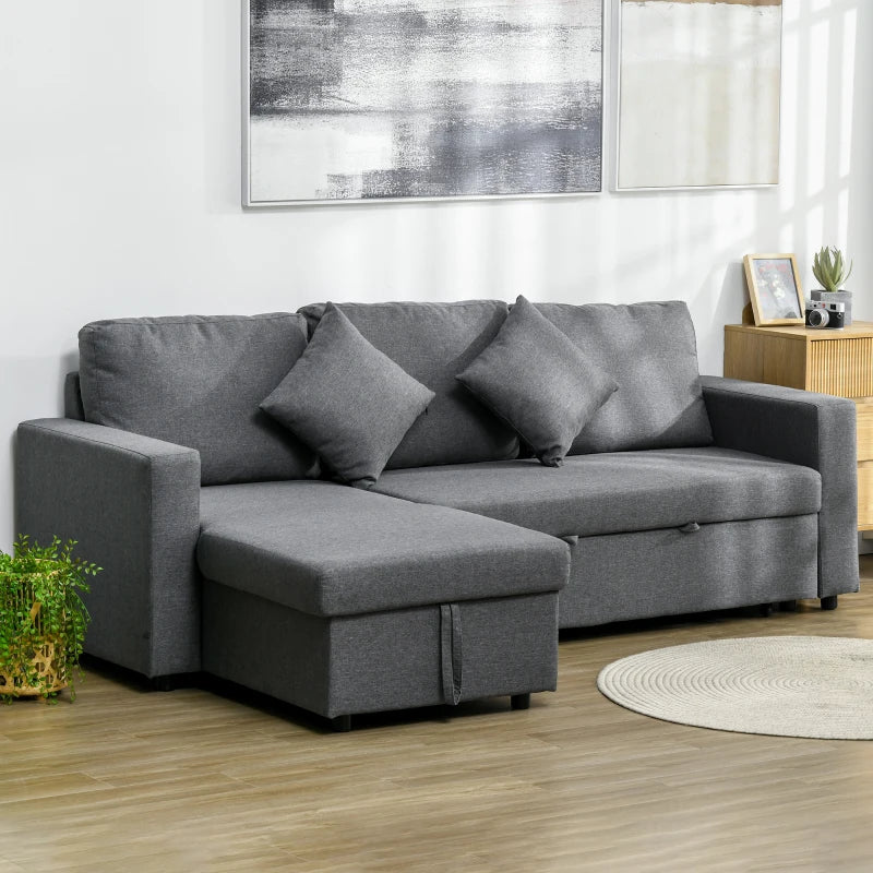 Stylish Dark Grey Corner Sofa Bed with Storage, 3-Seater Pull-Out Design, Reversible Chaise for Living Room
