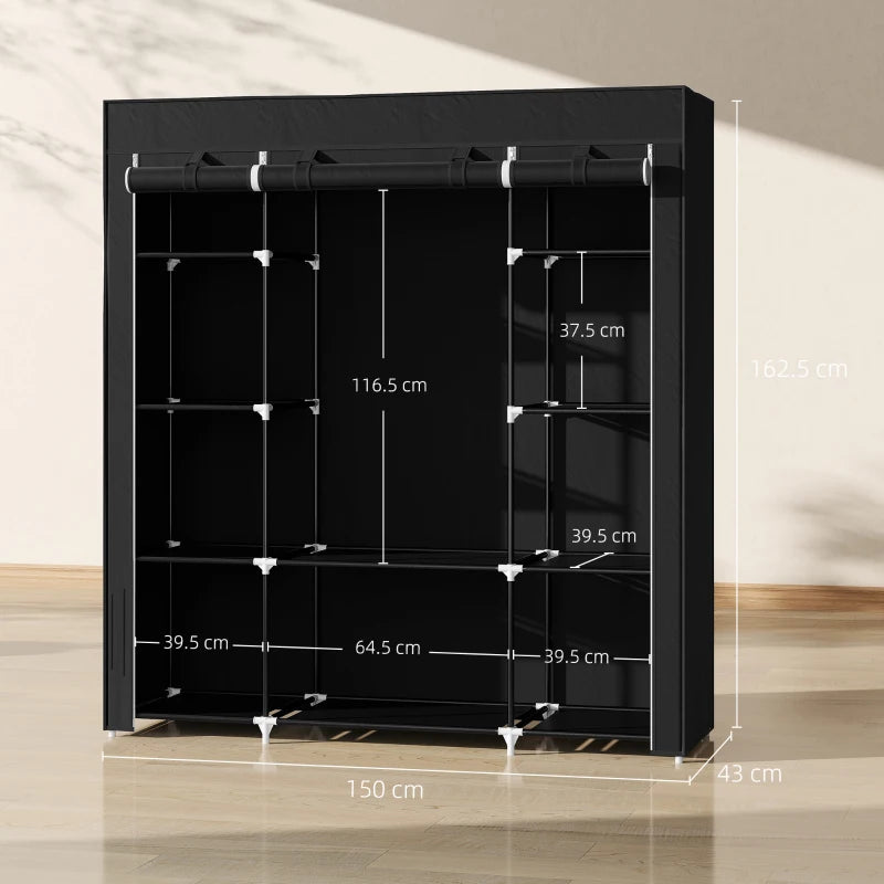 Portable Foldable Fabric Wardrobe Clothes Storage Organizer with Hanging Rail and Shelves Black