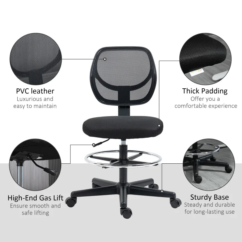 Vinsetto Ergonomic Mesh Standing Desk Chair - Adjustable Footrest Ring & Seat Height - Stylish Black Office Chair