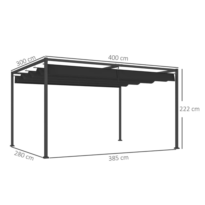 4m x 3m Black Metal Pergola with Retractable Canopy Roof