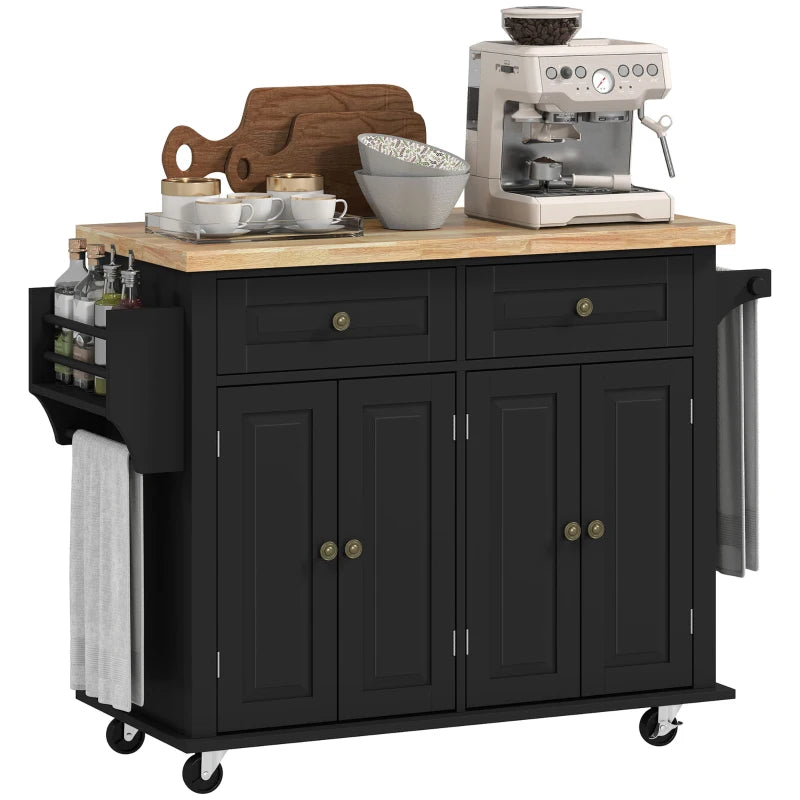 Rolling Kitchen Island Storage Trolley with Rubber Wood Top & Drawers - Stylish Black Dining Room Cart