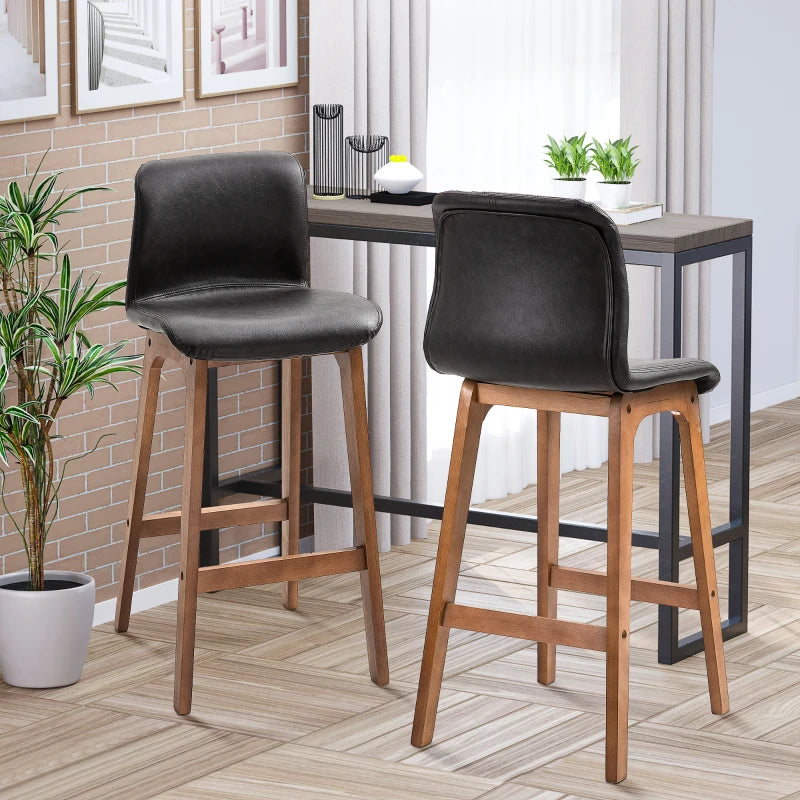 Modern Bar Stools Set of 2 - PU Leather Upholstered Chairs with Wooden Frame & Footrest for Home Bar & Dining Room