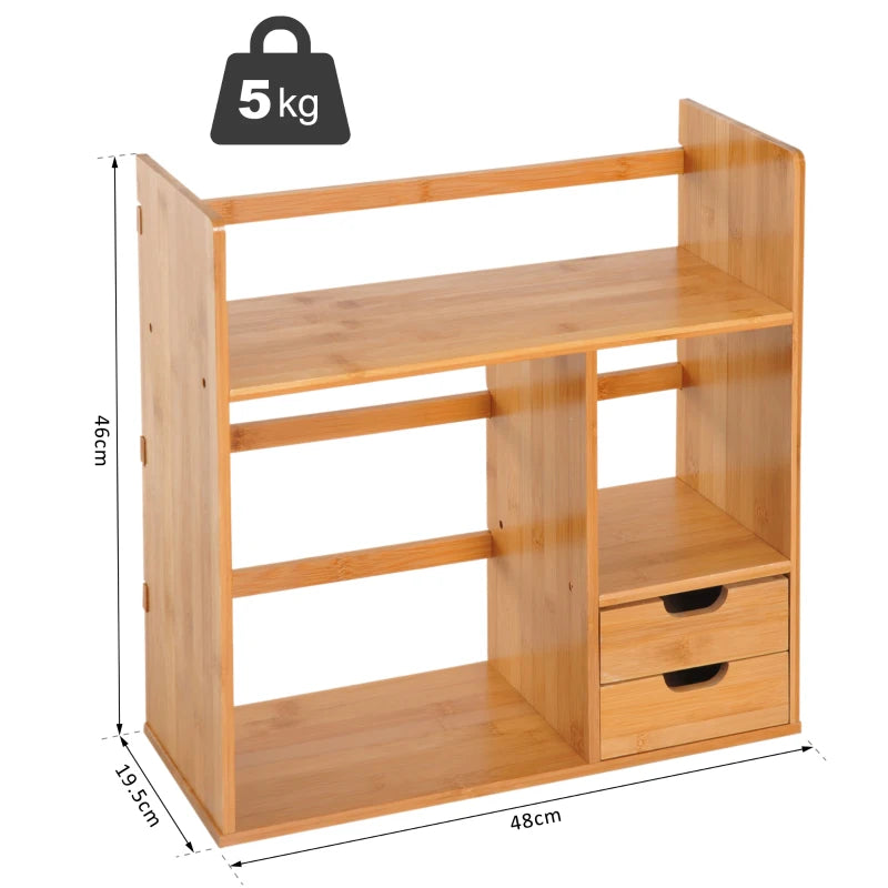 Bamboo Desk Organiser with 2 Drawers - Versatile Desktop Bookshelf & Stationery Storage Shelf for Documents