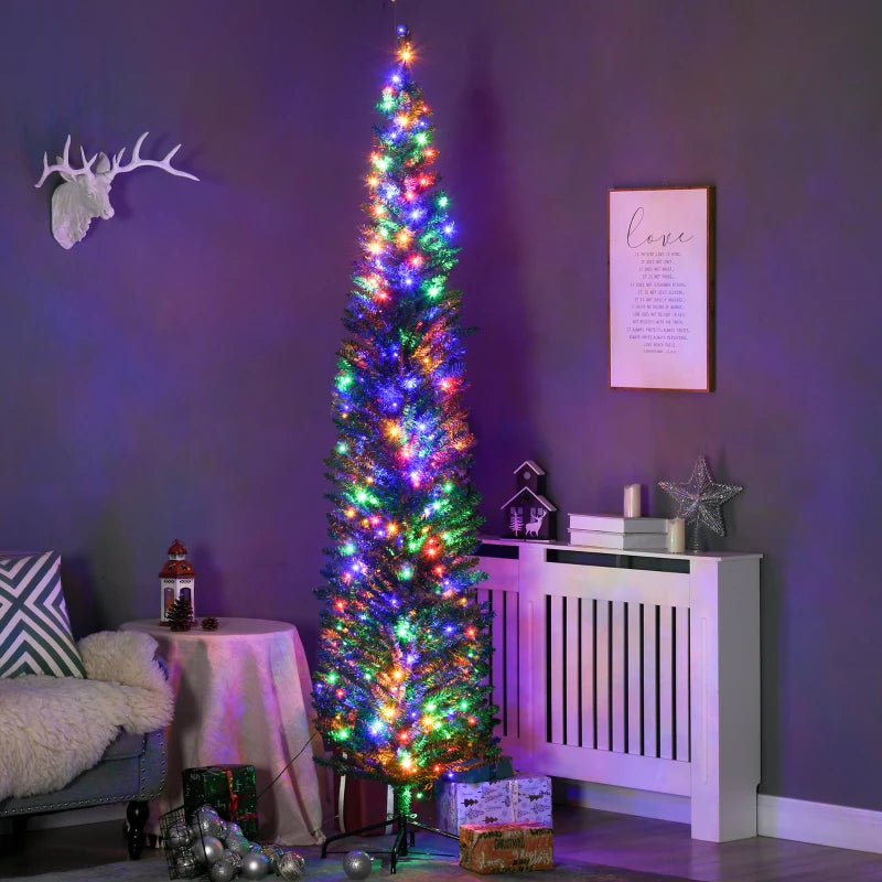 7.5' Prelit Artificial Christmas Tree with Colorful LED Lights - Pencil Shape Holiday Decor with Durable Steel Base