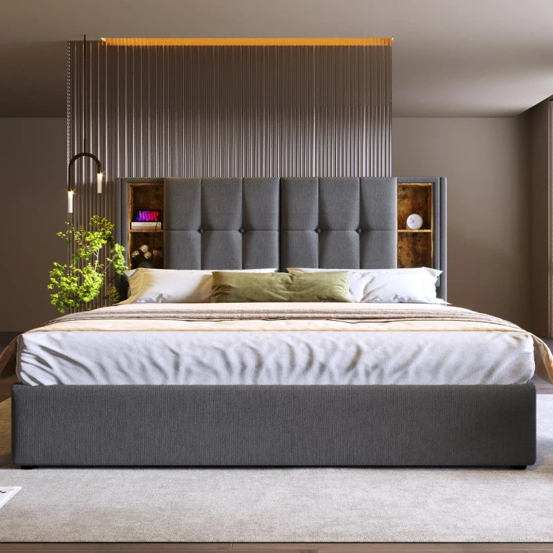Grey Double Bed with Storage, Wireless Charging Headboard & Fast Charging Ports - Pine Wood Frame for Modern Bedrooms