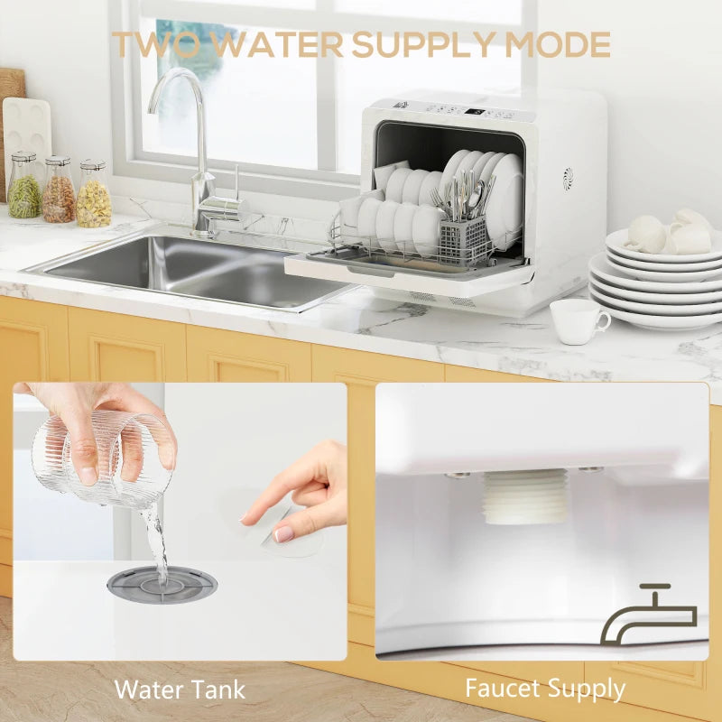 Compact Table Top Dishwasher - Mini Countertop Design, 6L Built-in Water Tank, 6 Wash Programs, 4 Place Settings, White