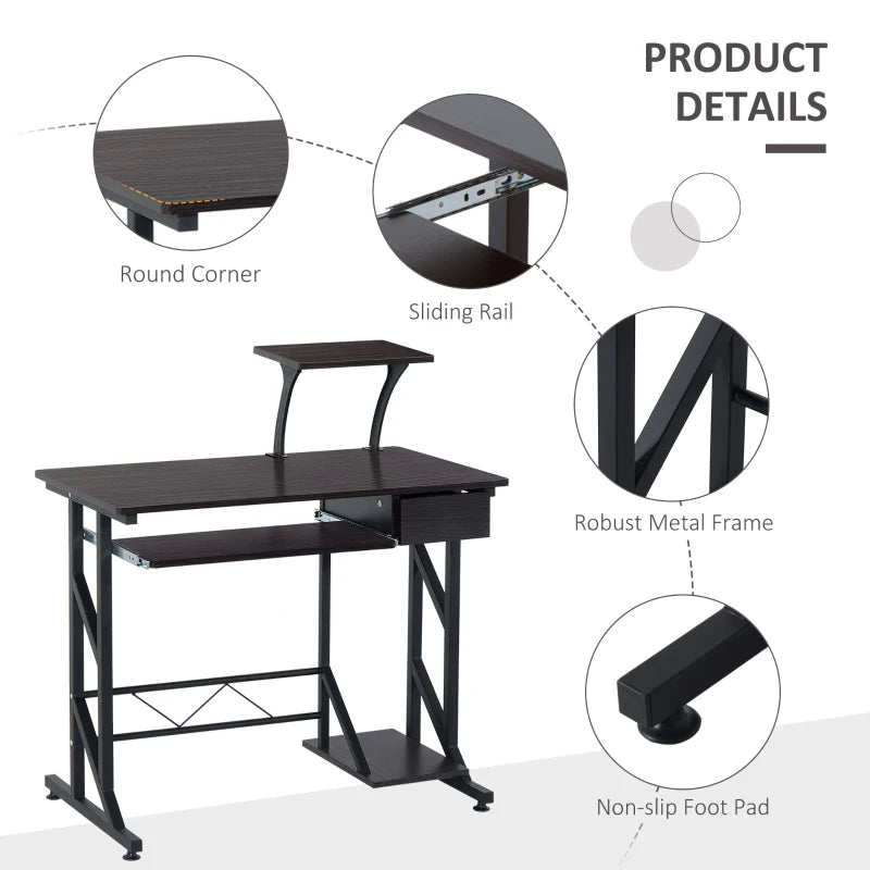 Dark Brown Computer Desk with Display Stand, Sliding Keyboard Tray, Host Box Shelf - Stylish Home Office Workstation