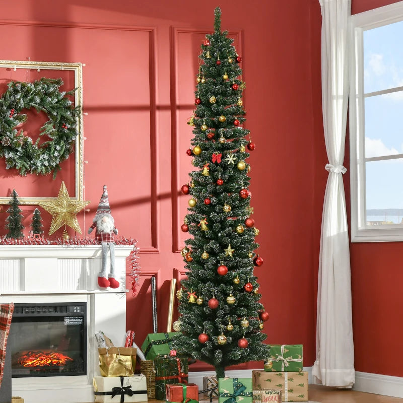 7.5FT Snow Dipped Christmas Pencil Tree - Foldable Black Stand, Green Holiday Indoor Decoration for Festive Home Decor