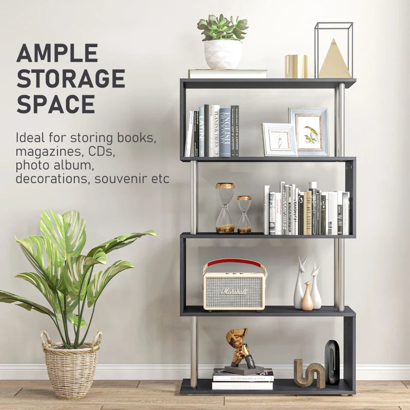 Modern S Shape Bookcase - 5 Tier Freestanding Bookshelf for Home Office, Study & Living Room - Black 80x30x145cm
