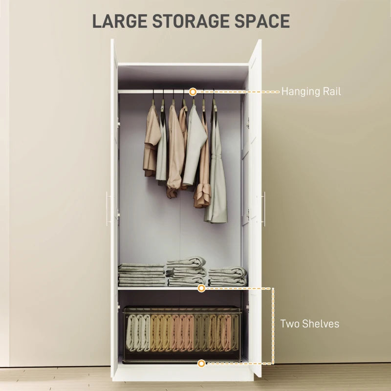 Double Paneled Door Wardrobe with Shelves Stylish White Storage Solution for Bedrooms