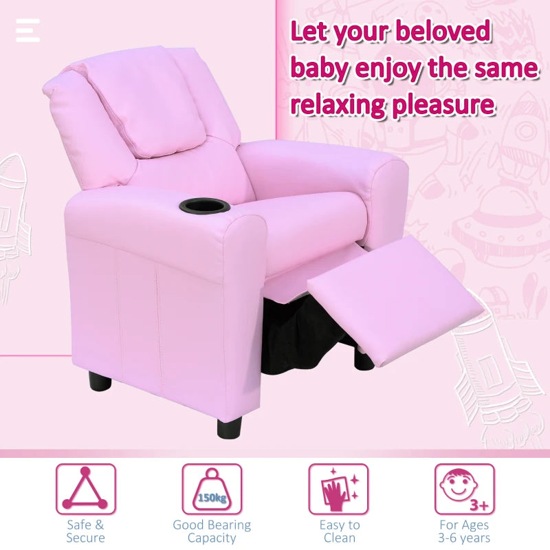 Pink Kids Recliner Chair - PU Leather, Adjustable Backrest & Footrest, Padded Headrest for Comfort - Perfect for Playrooms