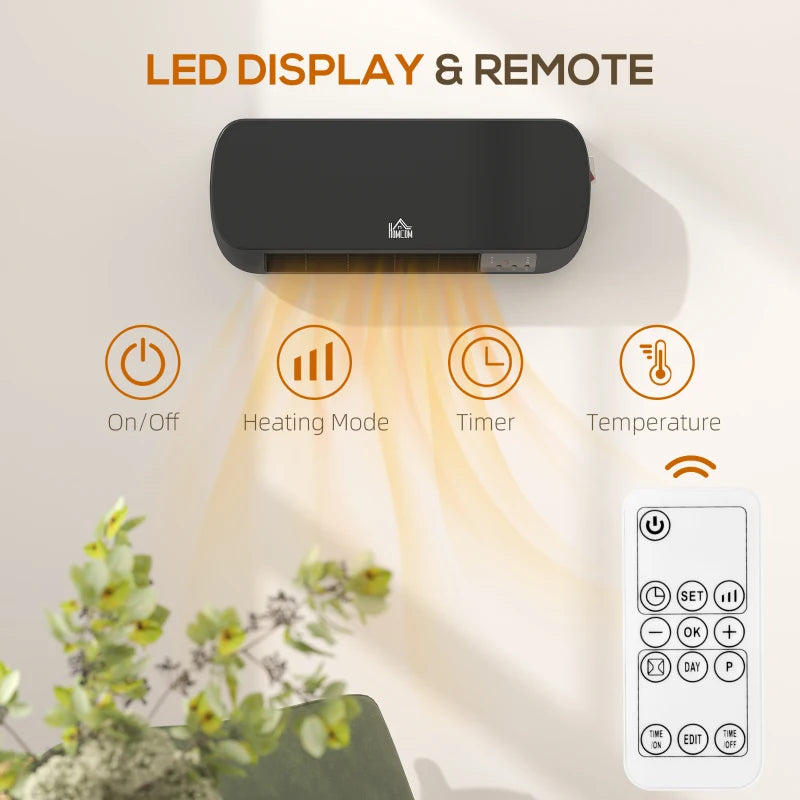 2000W Wall Mounted Ceramic Space Heater Adjustable Temperature Range 10-49°C Black Finish