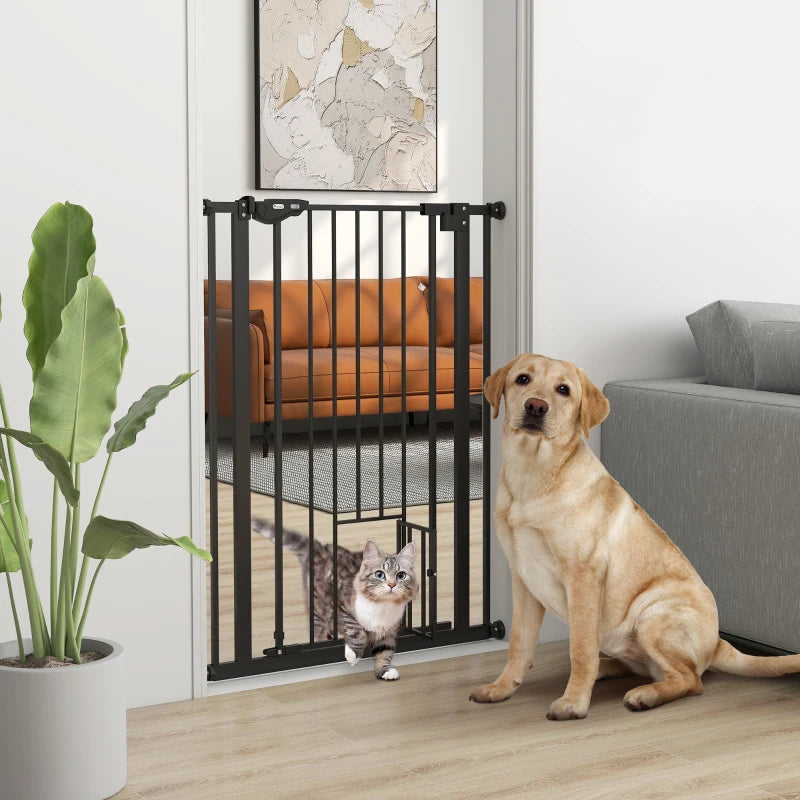 Extra Tall Indoor Dog Safety Gate with Cat Flap, Auto Close, 74-80cm Wide - Black Pet Barrier