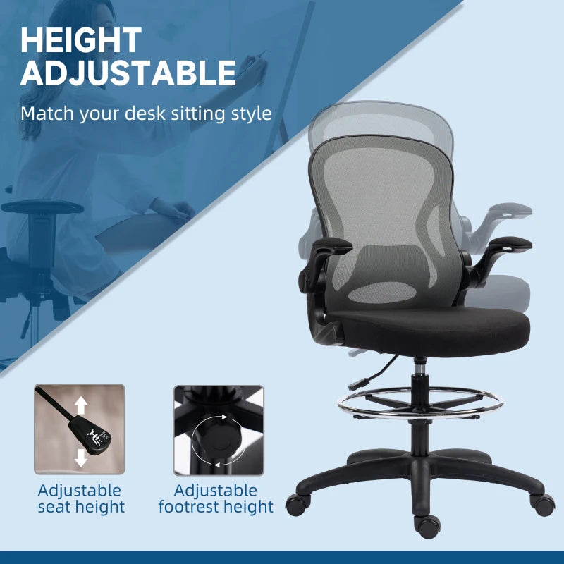 Vinsetto Adjustable Mesh Standing Desk Chair - Flip-up Armrests, Lumbar Support, Adjustable Footrest, Dark Grey