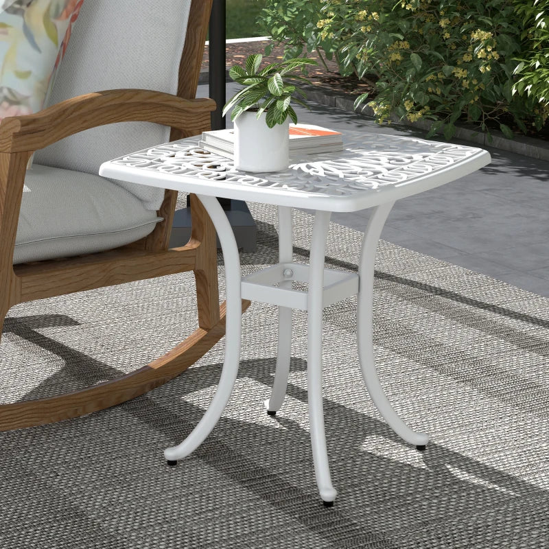 Square White Cast Aluminium Bistro Table with Umbrella Hole - Outdoor Garden Side Table for Balcony (Size: 60cm)