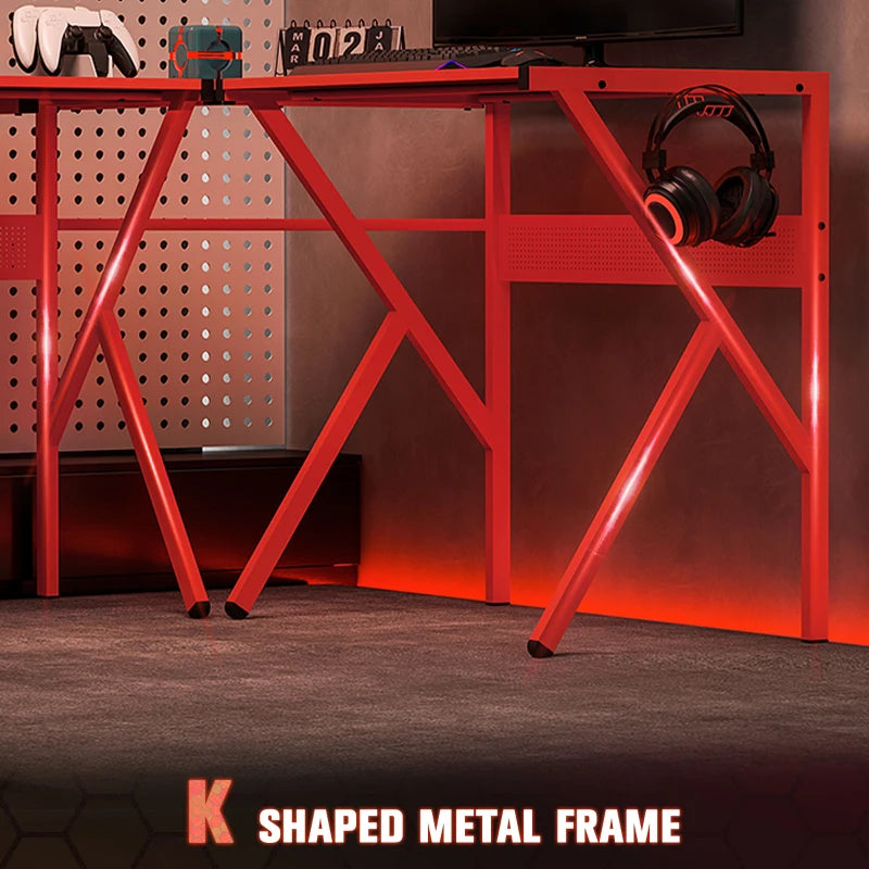 L-Shaped Gaming Desk for Home Office - Adjustable Monitor Stand, Cup Holder & Headphone Hook - 125x125x75cm, Red