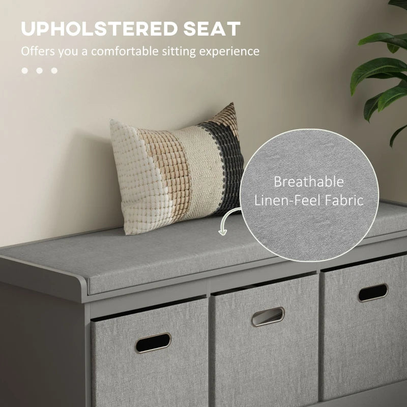 Three Drawer Shoe Storage Bench with Padded Top Seat in Grey