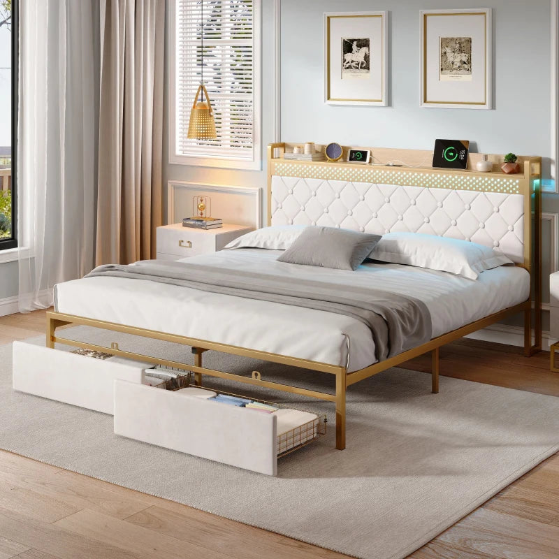 Modern Double Bed Frame with Storage Drawers & RGB LED Headboard - Beige & Chrome, 207L x 138W x 100H cm