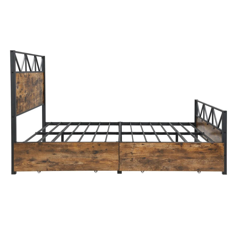 Sturdy Metal Double Bed with 2 Storage Drawers - Iron Frame & MDF, Black, 198L x 137W x 116H cm for Adults & Teens