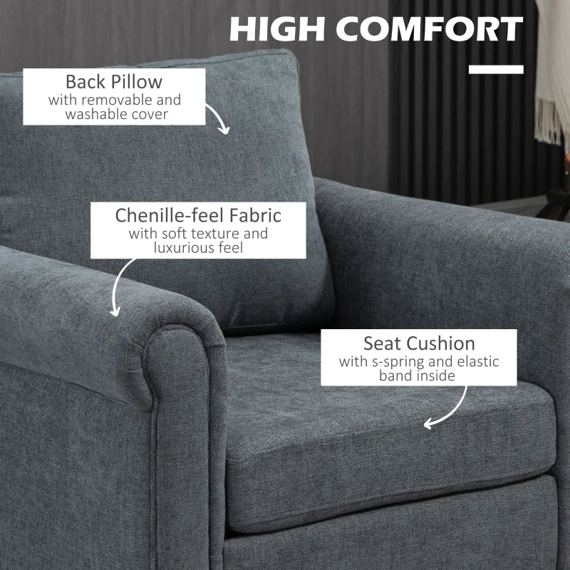 Vintage Upholstered Accent Chair with Back Pillow and Rolled Arms, Grey Fabric, Rubber Wood Legs