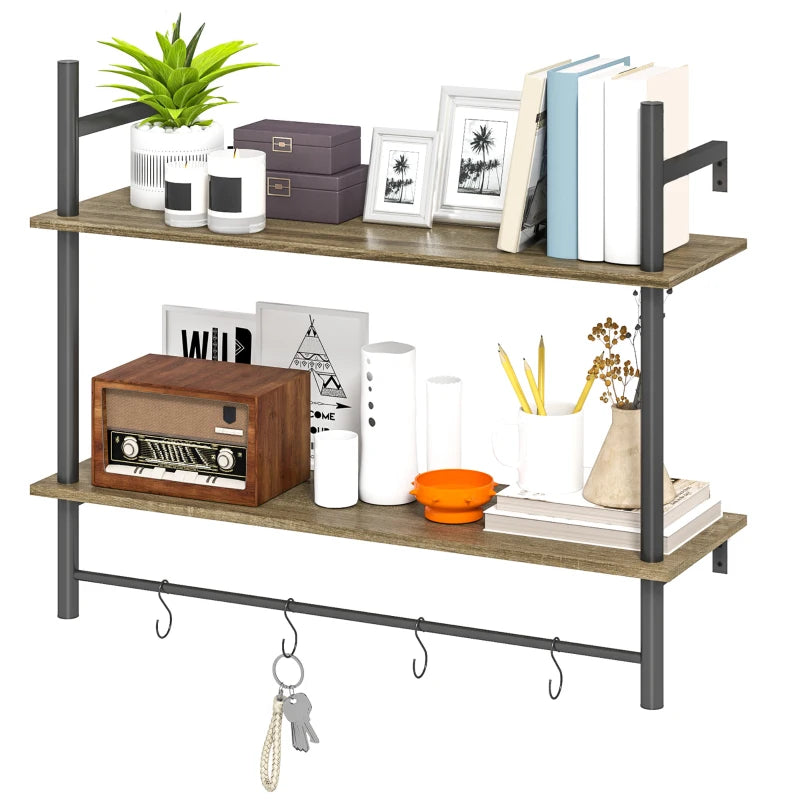 Rustic Wall Mounted Floating Shelves with 4 Hooks - Stylish Grey Shelf Unit for Living Room & Entryway Decor