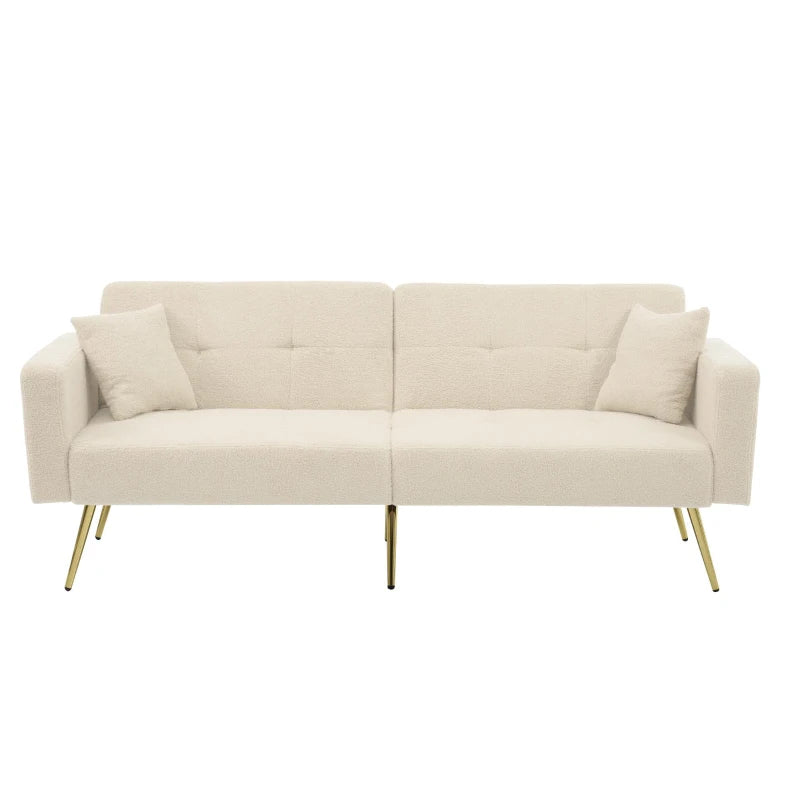 Elegant Beige Convertible Sofa Bed with Adjustable Backrest and Side Pockets, Perfect Loveseat for Bedroom, 176L x 64W x 75H cm