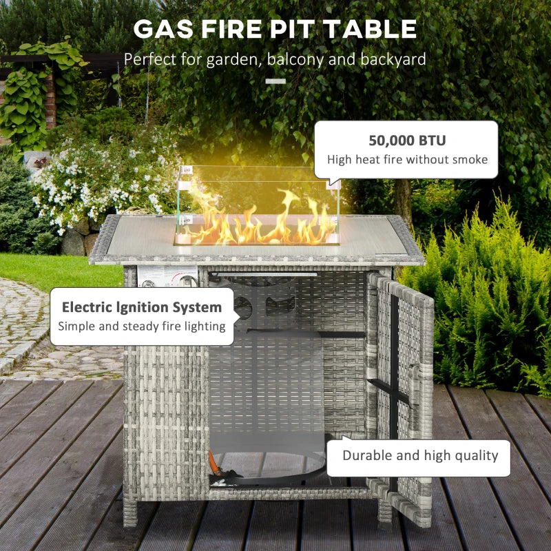 Grey Rattan Gas Fire Pit Table with Glass Windscreen and Rain Cover