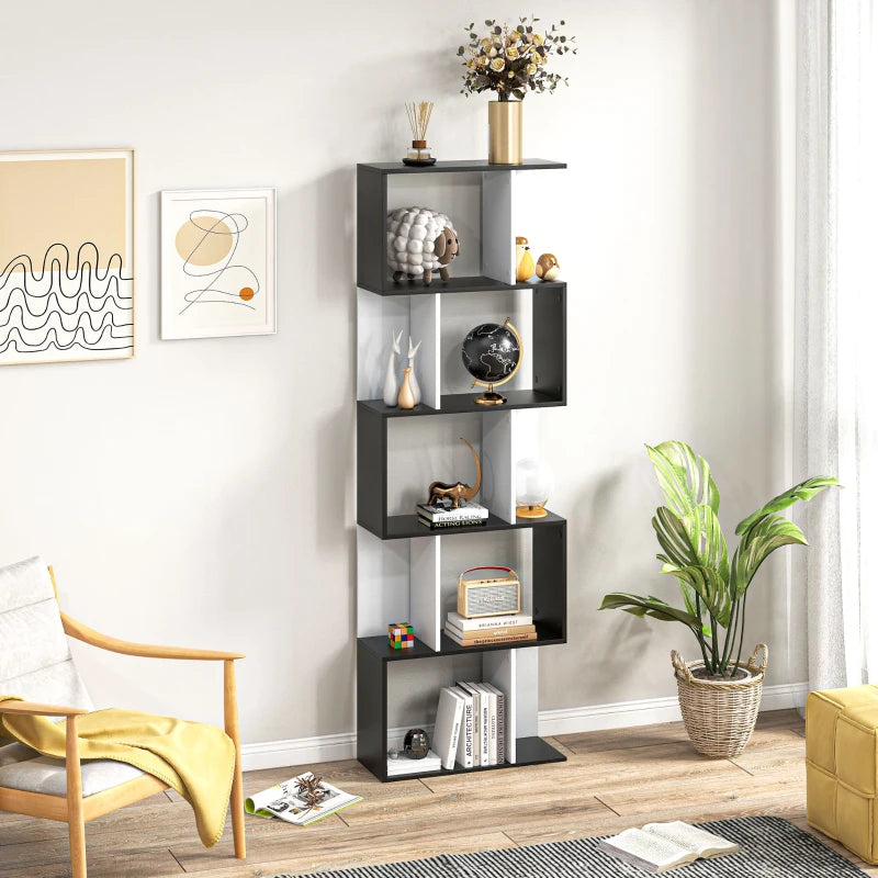 S-Shaped Wooden Bookcase - 5/6 Tier Freestanding Storage Shelf for Home Office - Black & White Decorative Display Rack