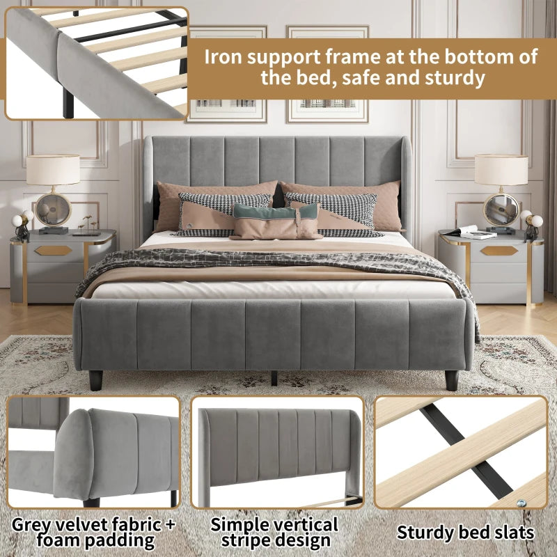 Double Upholstered Bed with Soft Backrest - Vertical Stripe Design, Metal Frame, Gray - 202L x 149W x 103H cm
