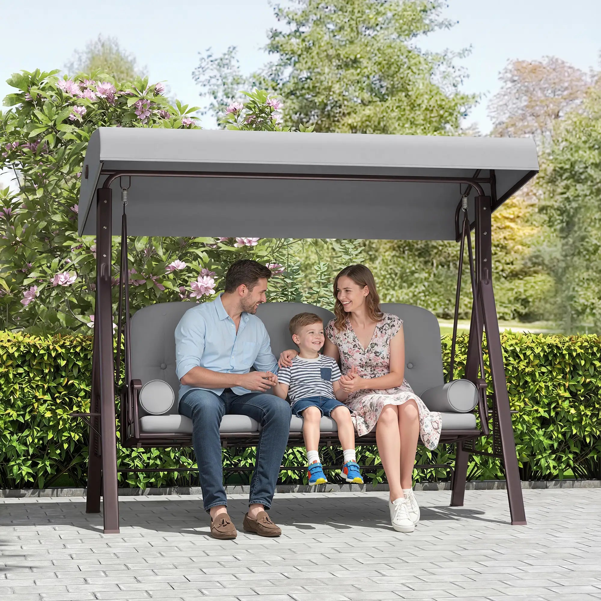 3 Seater Garden Swing Chair with Adjustable Canopy, Cushioned Outdoor Patio Swing Seat, Heavy-Duty Steel Frame, Cup Holder Trays, Weather-Resistant Light Grey Canopy Swing Bench for Garden