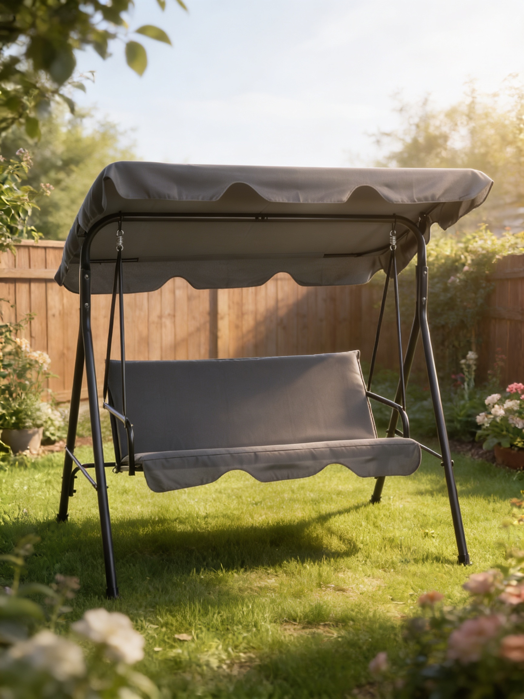 Grey 3-Seater Garden Swing Chair with Adjustable Canopy