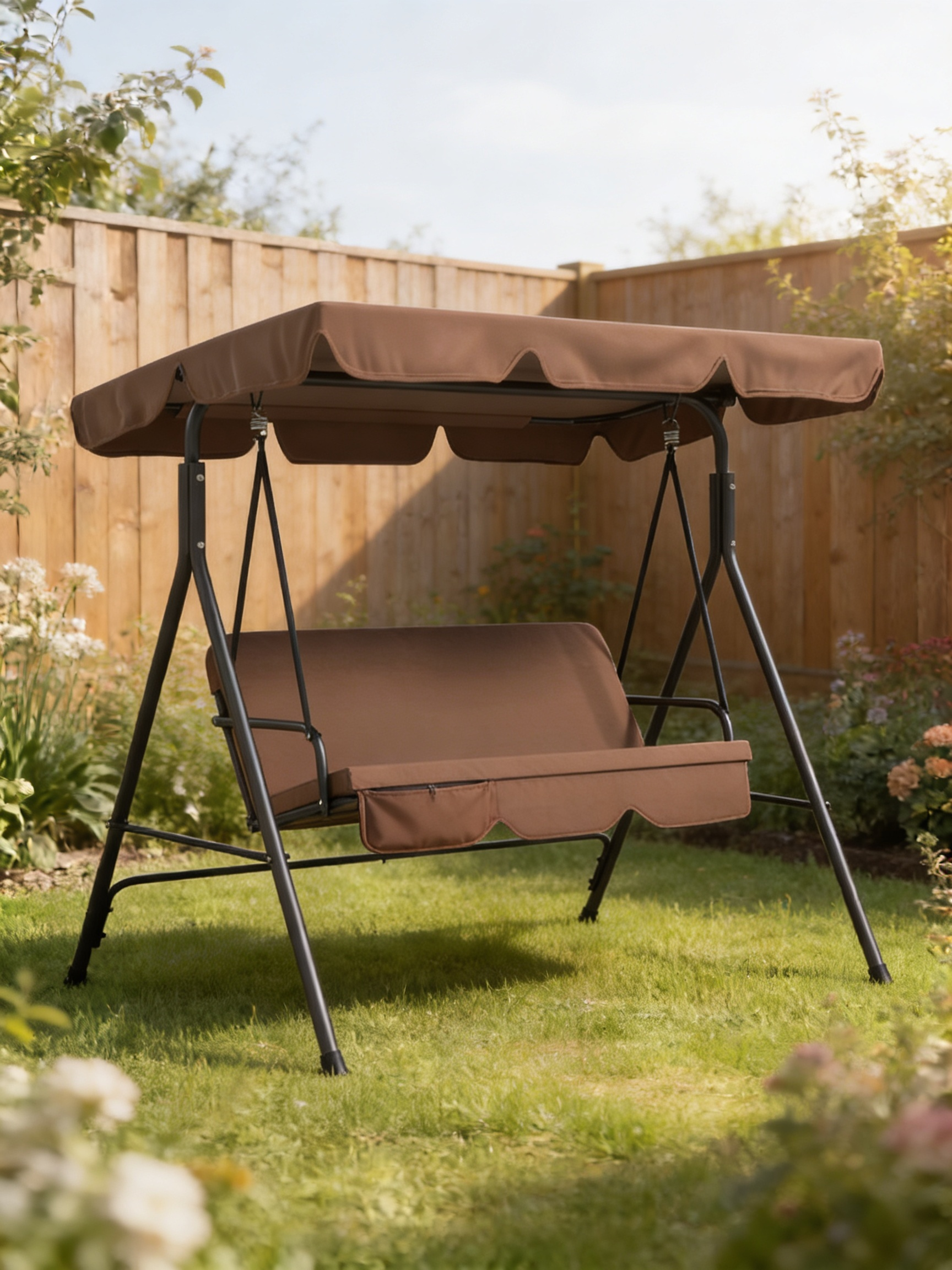 Brown 3-Seat Garden Swing Chair with Adjustable Canopy