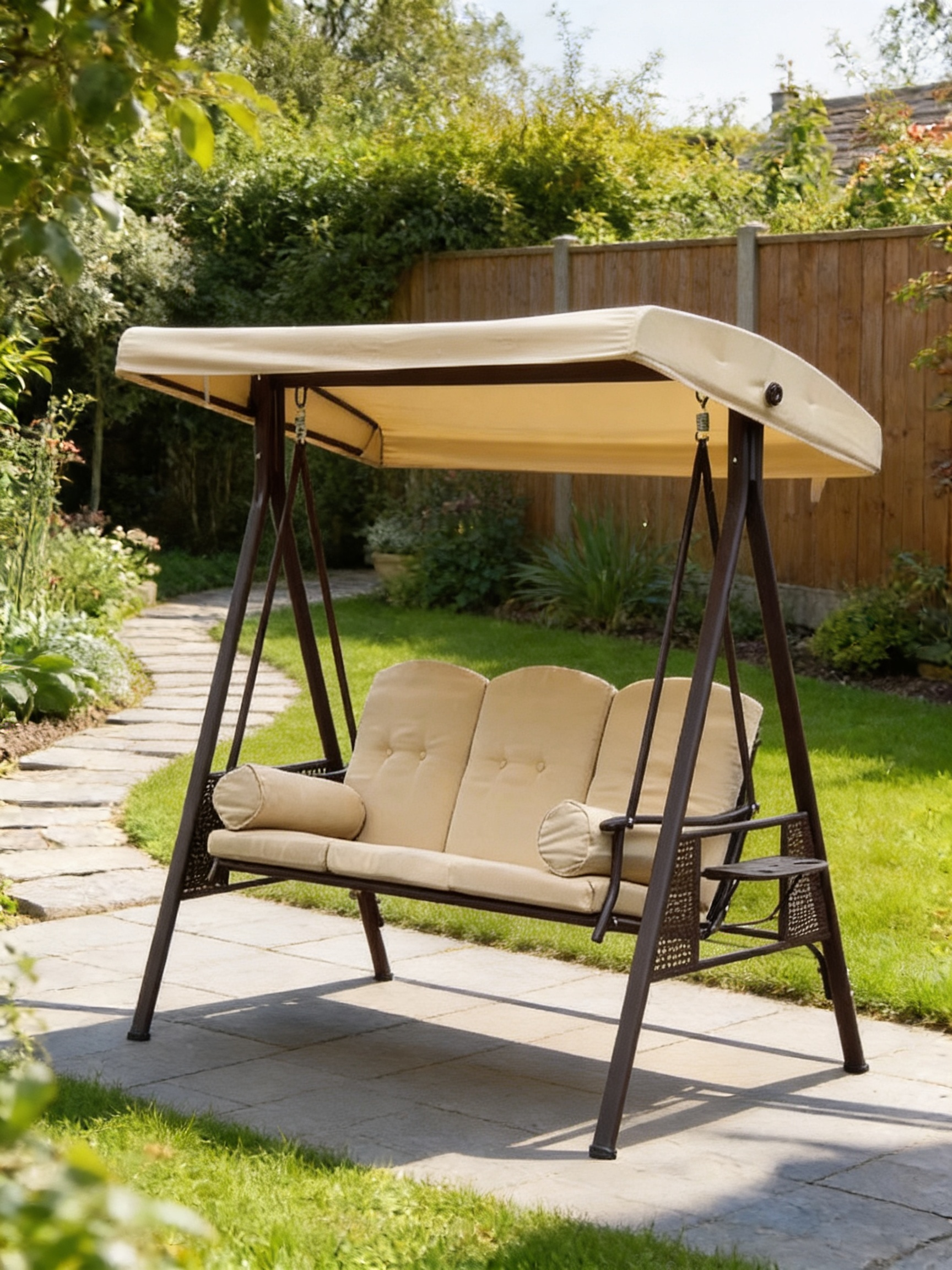 Beige 3-Seater Swing Hammock Chair with Canopy and Cushion
