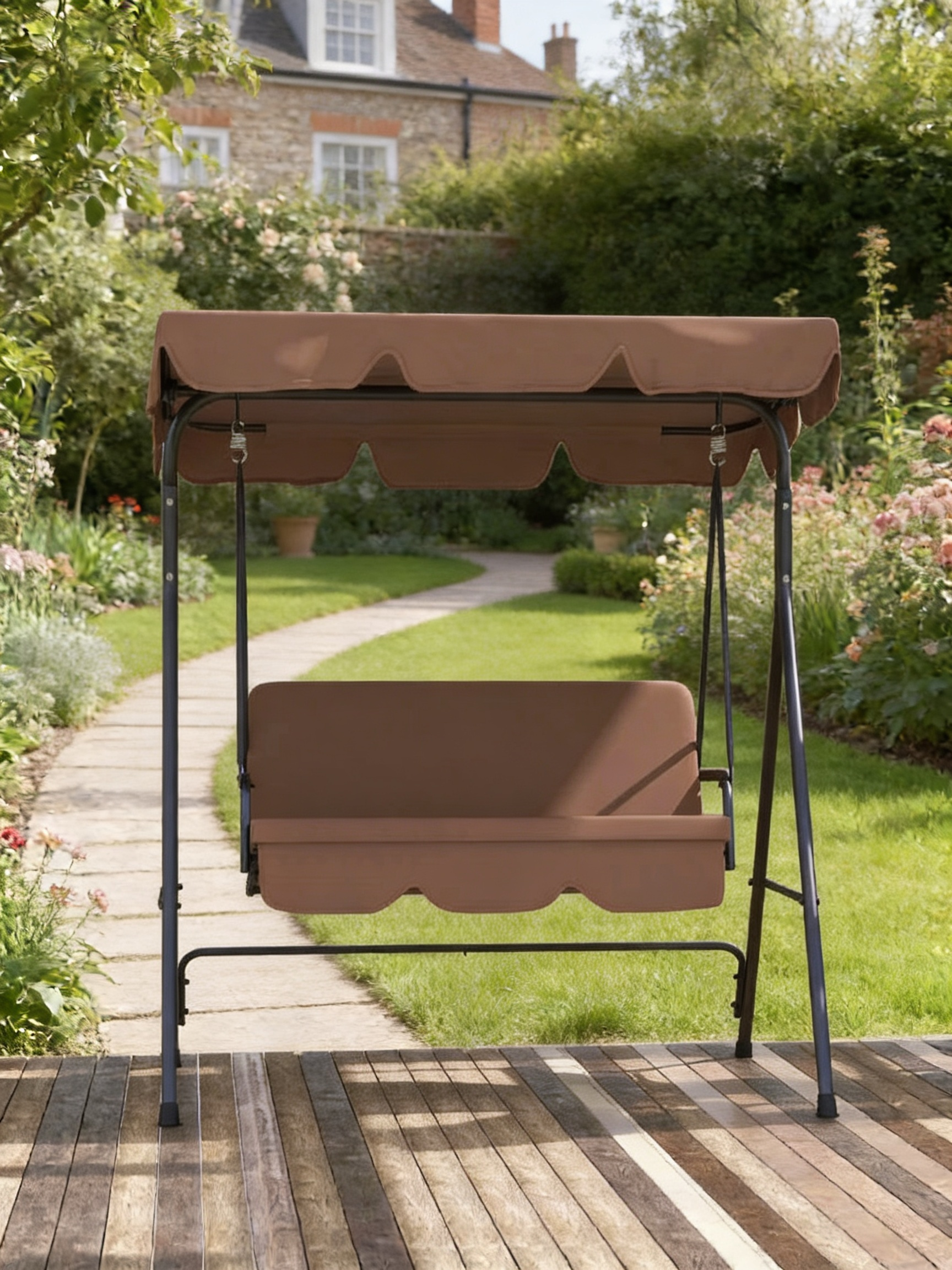 Brown 3-Seat Garden Swing Chair with Adjustable Canopy