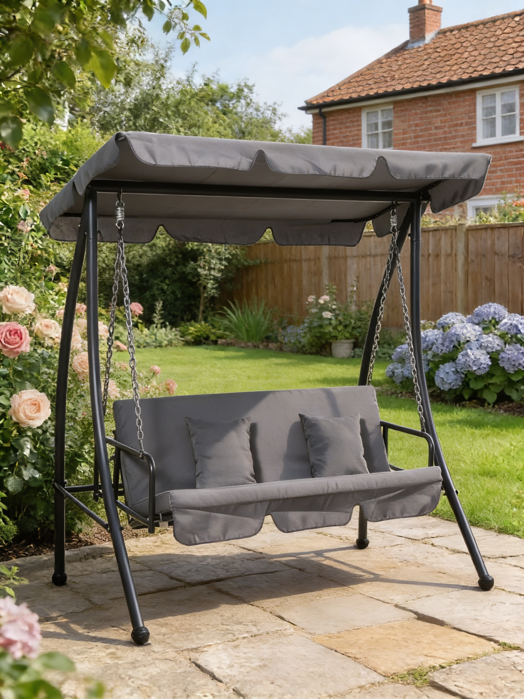 Dark Grey 3-Seater Outdoor Patio Swing Bed with Canopy & Cushion