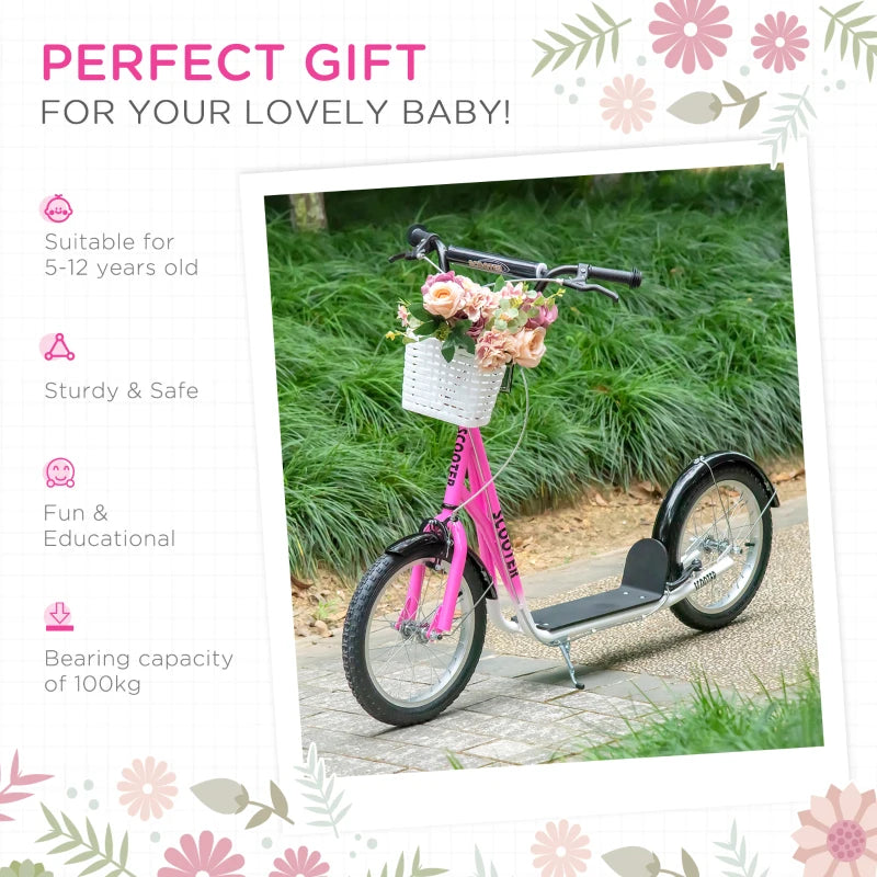 Kids Kick Stunt Scooter with Adjustable Handlebar, Dual Brakes, Basket & Cupholder, 16" Inflatable Wheels, Pink for Ages 5-12